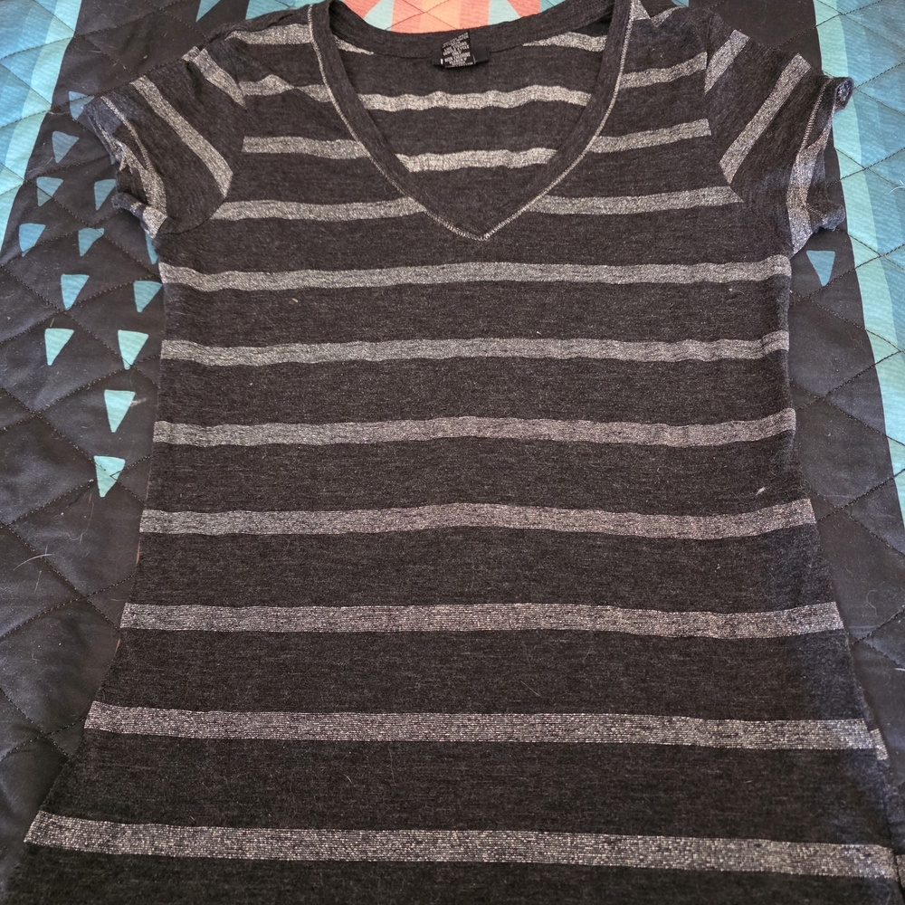 Rue21 Black and Gray Striped V-Neck Tee